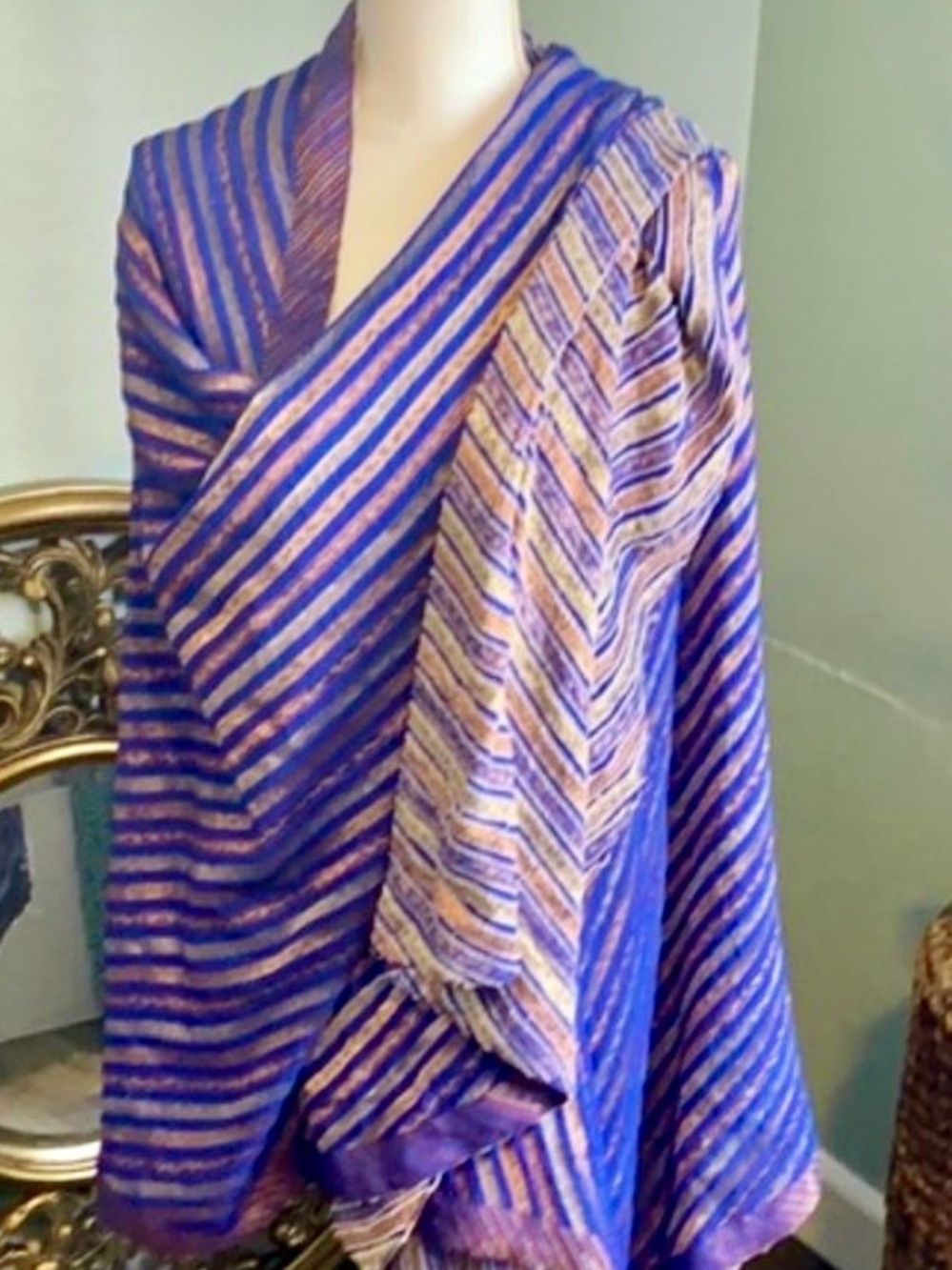 Striped Luxy Indigo & Gold & Bronze Textured Wrap Shawl Scarf Dupatta Chunni - Picture 5 of 11